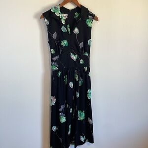 VTG Yves Jennet Floral Dress MIDI 16* LG Black Green Collar 60s Tie Sleeveless